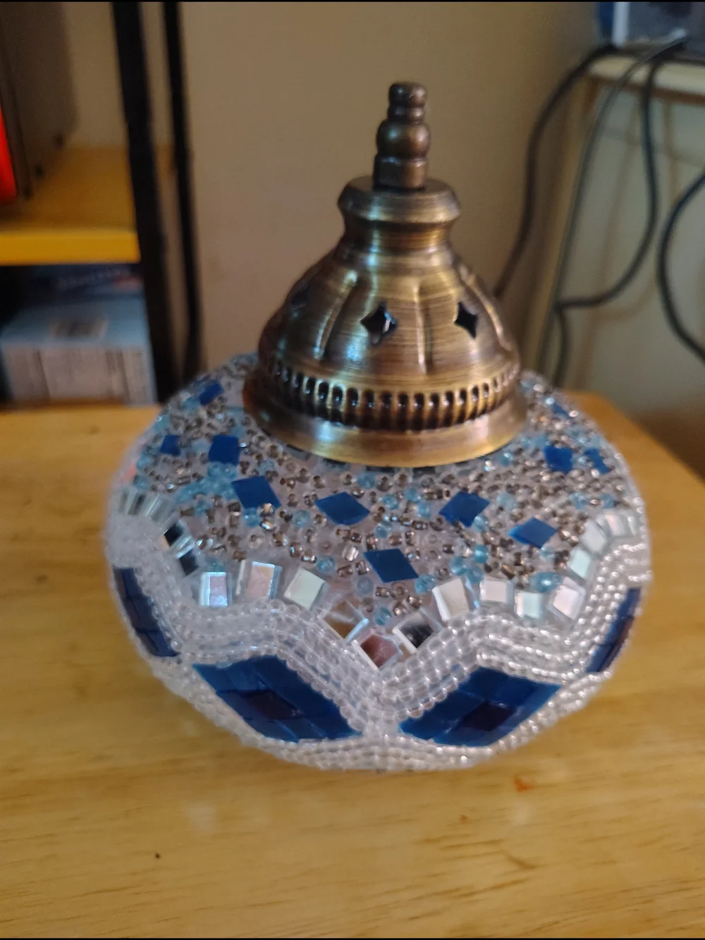 Handcrafted Mosaic Blue Glass Lantern with Antique Brass Accent - Unbranded